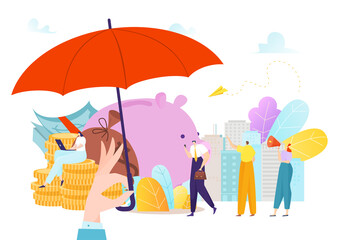 Insurance money protection with umbrella, currency finance investment concept vector illustration. Cash coin deposit, business dollar wealth safety. Businessman people go for economy payment security.