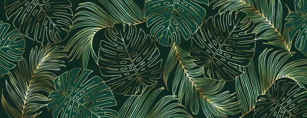 Afwasbaar Fotobehang Voor haar Luxe goud en natuur groene achtergrond vector. Bloemmotief, Golden split-leaf Monstera plant met palmbladeren, vectorillustratie.