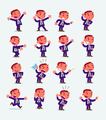 Cartoon character businessman in smart casual style. Set with different postures, attitudes and poses, doing different activities in isolated vector illustrations.