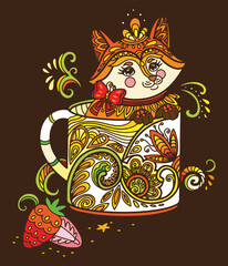 Colorful kawaii cute fox in a cup