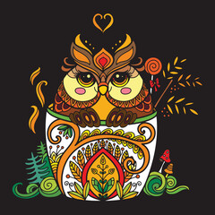 Colorful kawaii cute owl in a cup