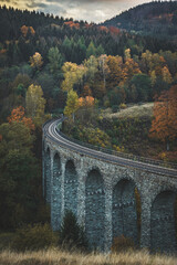 A beautiful old stone viaduct in autumn colored forest.
