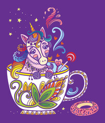 Colorful kawaii cute unicorn in a cup