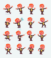 Cartoon character businessman in smart casual style. Set with different postures, attitudes and poses, doing different activities in isolated vector illustrations.
