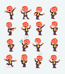 Cartoon character businessman in smart casual style. Set with different postures, attitudes and poses, doing different activities in isolated vector illustrations.