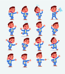 Cartoon character businessman in smart casual style. Set with different postures, attitudes and poses, doing different activities in isolated vector illustrations.