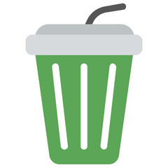 
A disposable glass of juice with straw  
