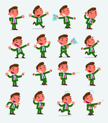 Cartoon character businessman in smart casual style. Set with different postures, attitudes and poses, doing different activities in isolated vector illustrations.