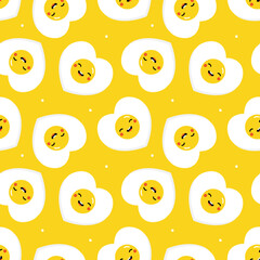 Cute smiling cartoon style heart-shaped fried eggs characters and dots for romantic breakfast food design.