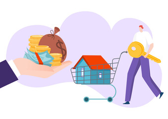 Mortgage investment in real estate, house in cart, buy home property vector illustration. Person woner character with apartment in trolley. Male buyer shop cartoon ownership, purchase deal.