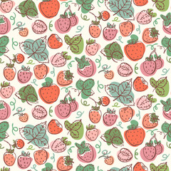 Seamless pattern with Strawberry and leaves. Graphic hand drawn flat style. Doodle illustration for packaging, menu cards, posters, prints.