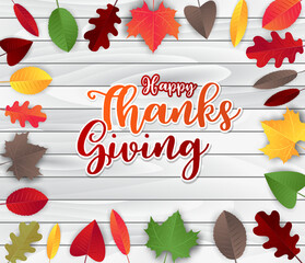 Thanksgiving holiday greeting card. Fall leaves on wooden board backgrpund. vector illustration.