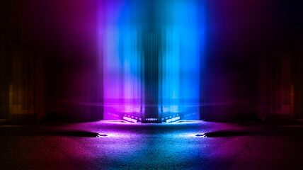 Wet asphalt, night view, neon reflection on the concrete floor. Night empty stage, studio. Dark abstract background. Product Showcase Spotlight Background.