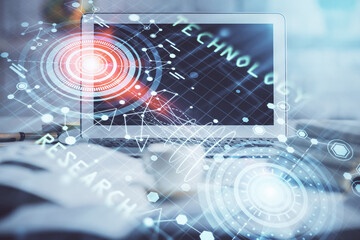 Multi exposure of desktop computer and technology theme hologram. Concept of software development.