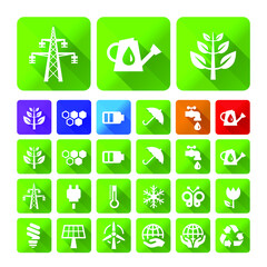 Flat Universal White Ecology Icon with Shadows on Realistic Colorful Button on Background . Isolated Vector Elements
