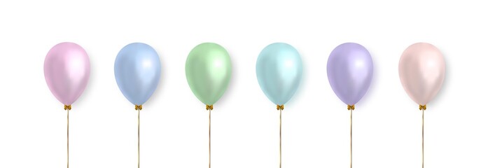 Fototapeta na wymiar Balloon set for decoration. Realistic vector clipart. Colorful balloons in pastel color with gold ribbon and bow isolated on white background.
