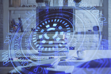 Multi exposure of desktop computer and technology theme hologram. Concept of software development.