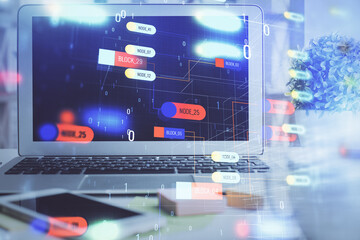 Multi exposure of desktop computer and technology theme hologram. Concept of software development.