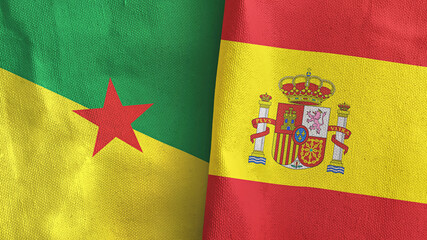 Spain and French Guiana two flags textile cloth 3D rendering