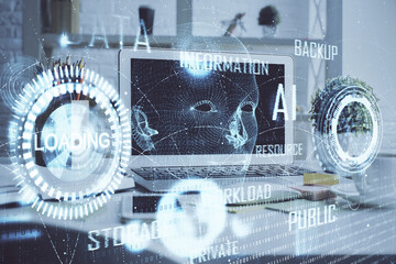 Multi exposure of desktop computer and technology theme hologram. Concept of software development.