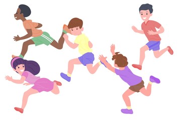 Fototapeta na wymiar Happy children playing sports games. The boys and the girls are doing physical exercises. Children play catch-up. Active healthy childhood. Set of flat vector illustration isolated on white background