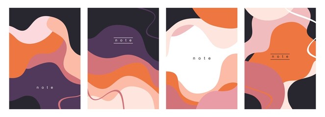 Vector set of stylish simple Notepad cover designs with colored abstract cut shapes. Universal trend templates for brochures, catalogs, certificates. Decorative posters with smooth lines of landscapes