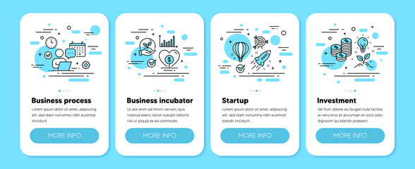 Business Incubator, Invest money strategy, Flexible job line icons. Business startup, Hire employee, Work schedule timetable. Mobile phone app 4 step screens. Editable stroke. Vector line icons