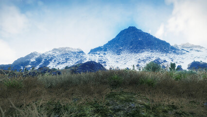 Fototapeta premium 3D render - Mountain in Winter Snow Rocky Peaks Clouds in Winter, Mountain peak scene.