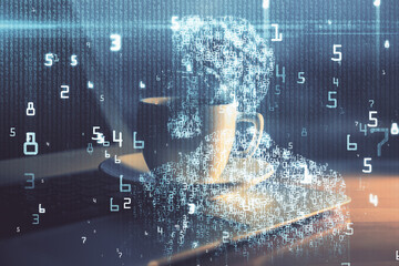 Double exposure of desktop computer and technology theme hologram. Concept of software development.