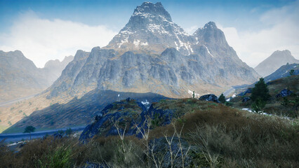 3D render - Beautiful mountain landscape at sunset, Beautiful mountain scene.