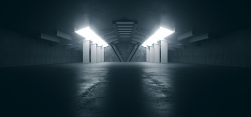 Alien Spaceship Sci Fi Concrete Rough Cement Garage Tunnel Corridor Warehouse Showroom Underground Futuristic Modern Background 3D Rendering - obrazy, fototapety, plakaty