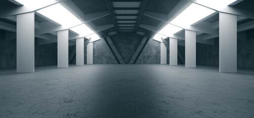 Alien Spaceship Sci Fi Concrete Rough Cement Garage Tunnel Corridor Warehouse Showroom Underground Futuristic Modern Background 3D Rendering