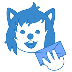 happy emoticon holding an envelope, wolf showing incoming mail or message, funny cartoon character with simplistic facial expression, simple hand drawn line icon from a set