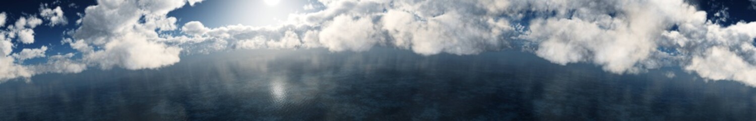 Panorama of clouds over the water, cloudy landscape over the sea, 3D rendering
