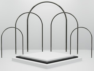 3d render - White podium minimal on black color background, Display for cosmetic perfume fashion natural product, simple clean design, luxury minimalist mockup.