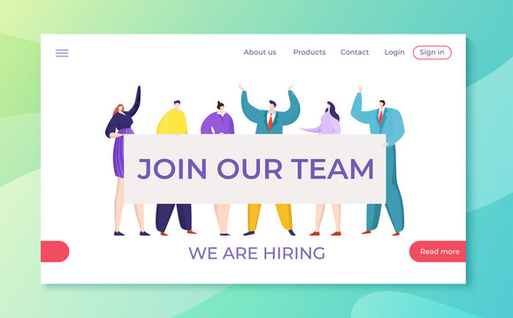 Work team hiring flat employee, announcement background banner vector illustration. Business job hire concept design. Graphic employment with megaphone, communication for recruitment.