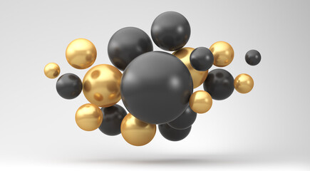 Black Friday. Illustrations for advertising. Gold and black shiny spheres are flying on a white background. 3d render illustration.