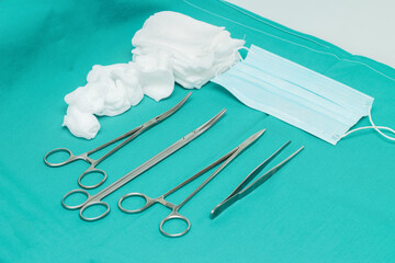 Part of a set of instruments, swabs, gauze and mask for surgical treatment of wounds and for minor and major surgical interventions