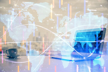 Multi exposure of business theme icons and work space with computer background. Concept of success.