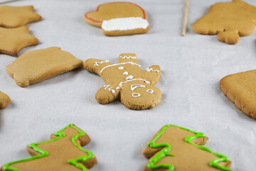 Christmas background, cooking and decorating gingerbread