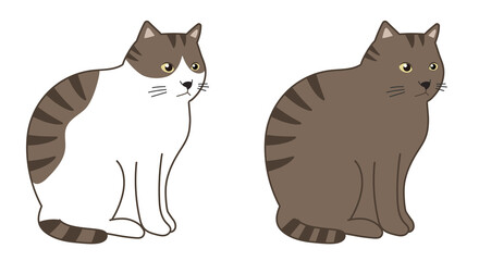 Brown tabby cat and brown tabby and white cat in a sitting. Vector illustration isolated on white background.