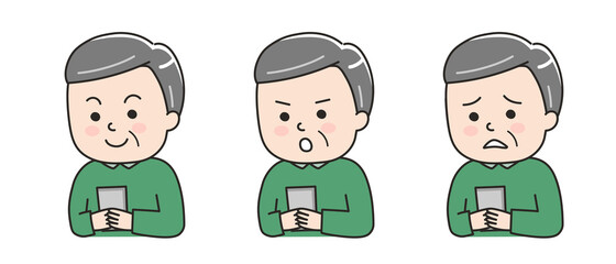 Different expressions of a man using a smartphone. Vector illustration isolated on white background.