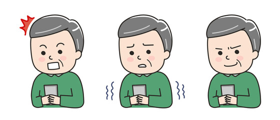 Facial expressions of a man using a smartphone in a bad situation. Vector illustration isolated on white background.
