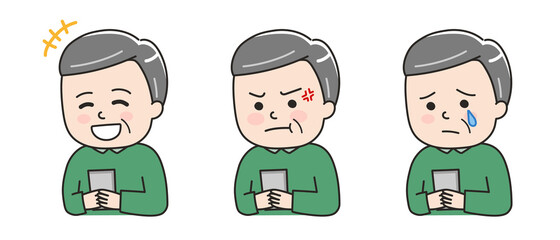 Facial expressions of a man using a smartphone. Vector illustration isolated on white background.