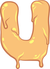 White Isolated flat vector U - letter in wax style. Waxing tech. Graffiti lettering. Liquid honey character. Pastel colors with outline and flare. Melted butter texture. Sign for banner design.