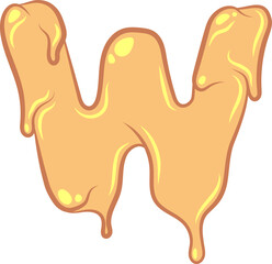 White Isolated flat vector W - letter in wax style. Waxing tech. Graffiti lettering. Liquid honey character. Pastel colors with outline and flare. Melted butter texture. Sign for banner design.