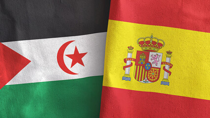 Spain and Western Sahara two flags textile cloth 3D rendering