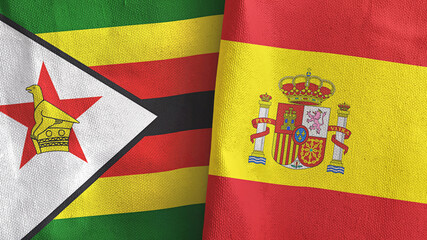 Spain and Zimbabwe two flags textile cloth 3D rendering