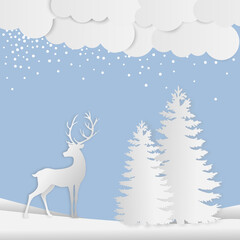 Winter paper card with deer and Christmas trees, vector