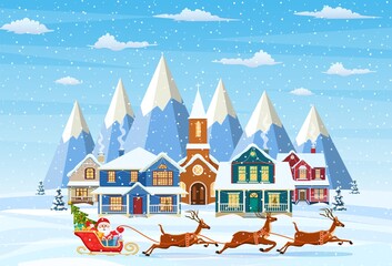 A house in a snowy Christmas landscape. Santa Claus on a sleigh. concept for greeting or postal card. Merry christmas holiday. New year and xmas celebration